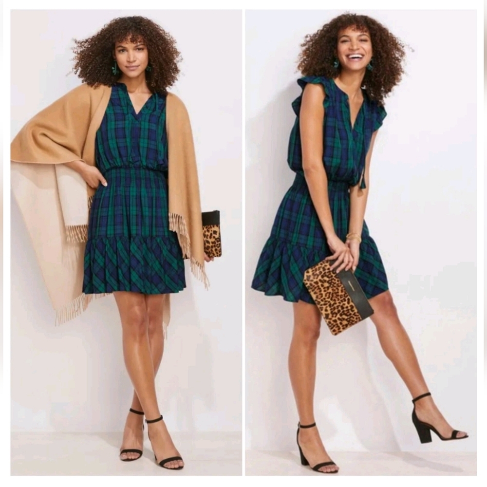 Vineyard Vines | Charleston Smocked Ruffled Mini Dress Green Blue Plaid Large